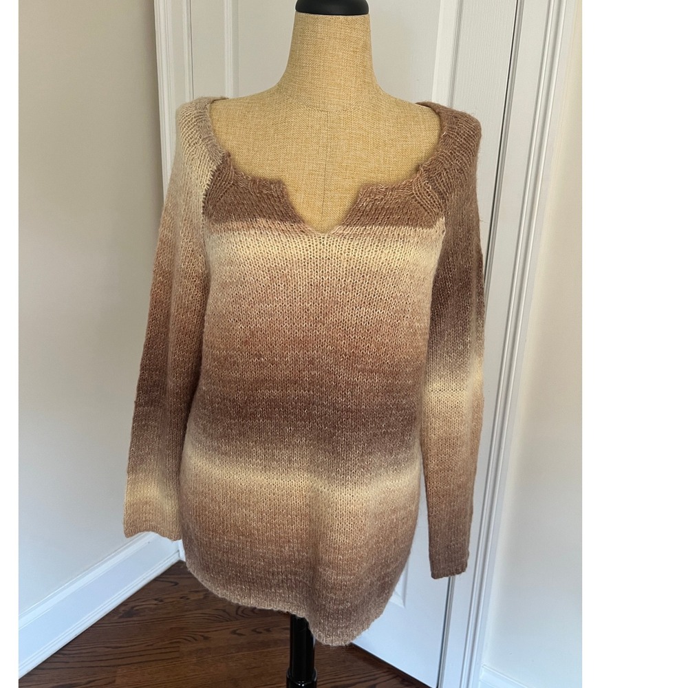 Ombré Cream Tan Brown Women's XL Wool Blend Knit Sweater Earthy Old Money Fall